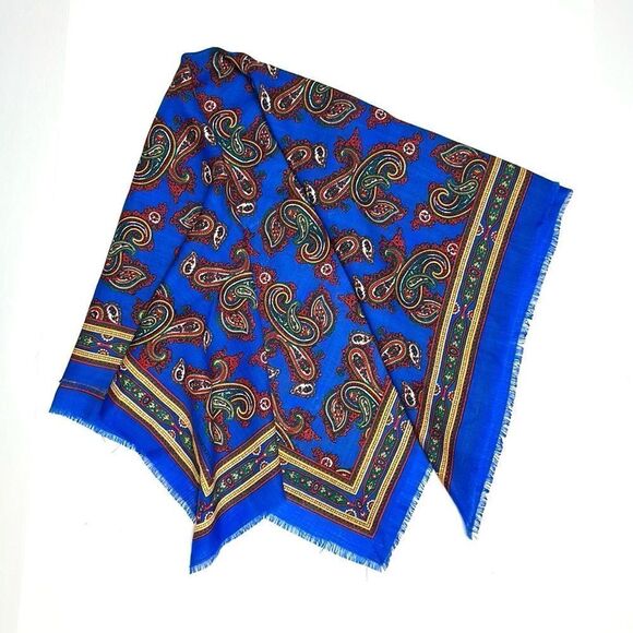 Vintage Charter Club Wool Square Scarf Paisley Blue made in Japan - Picture 1 of 12